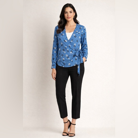 Talbots Wrap Blouse LP Blue Floral Tie Waist Long Sleeve Classic Office Chic - Picture 2 of 16